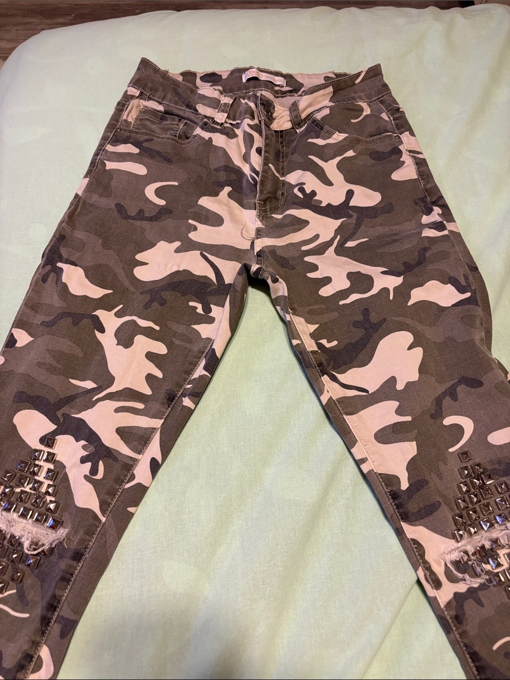 Camouflage Skinny Pants with Pyramid Stud Detailing